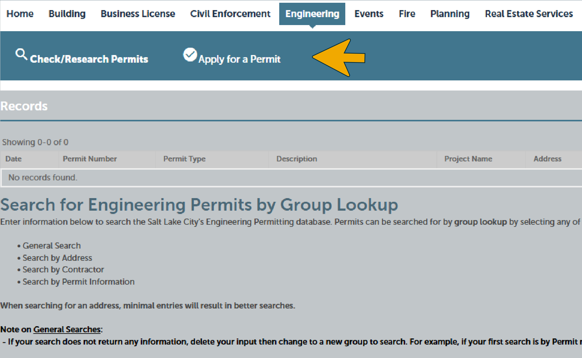 Portal navigation showing the Engineering tab selected with an arrow pointing to the Apply for a Permit action