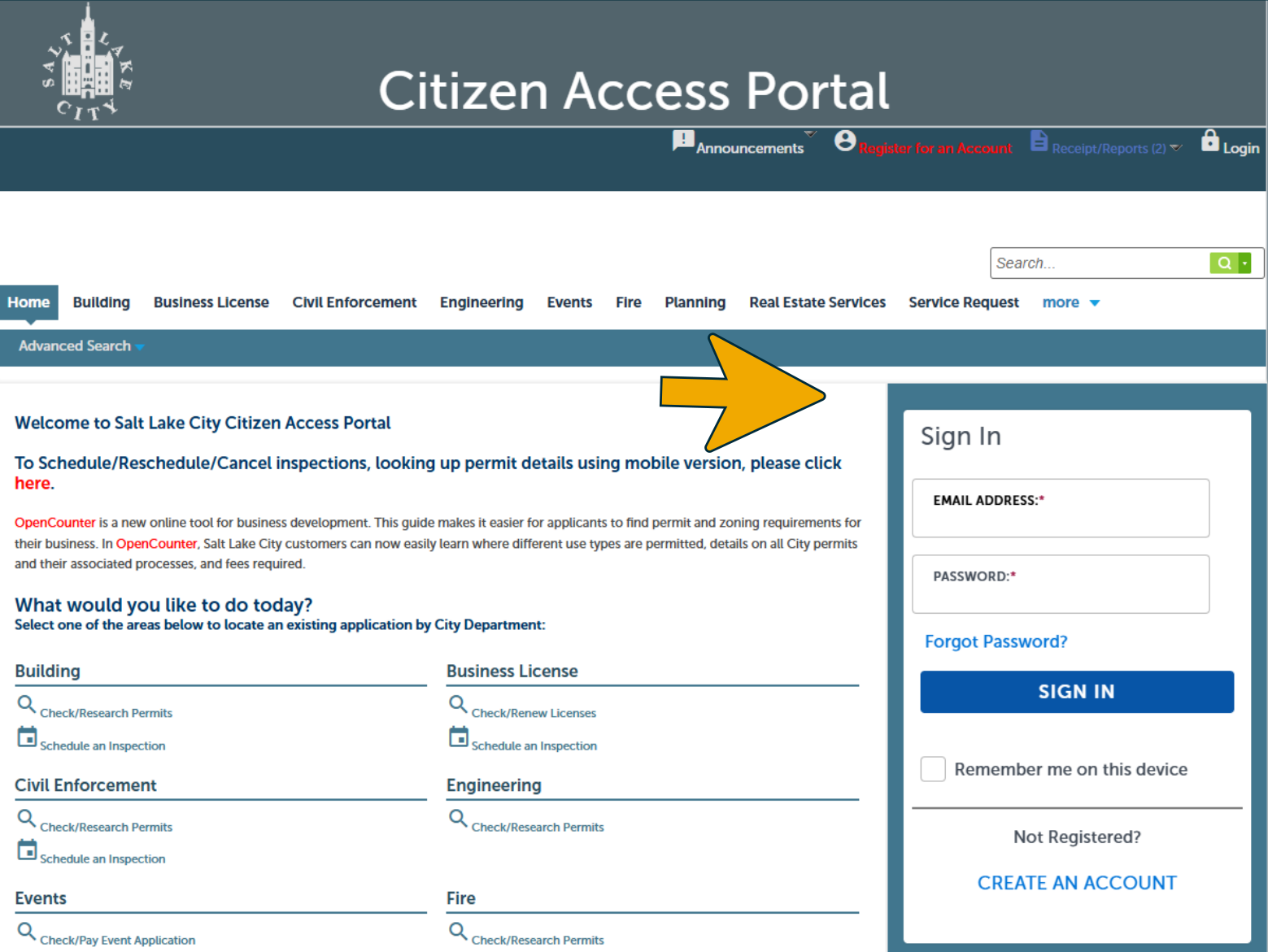 Citizen Access Portal home screen with an arrow pointing to the Sign In and account registration form