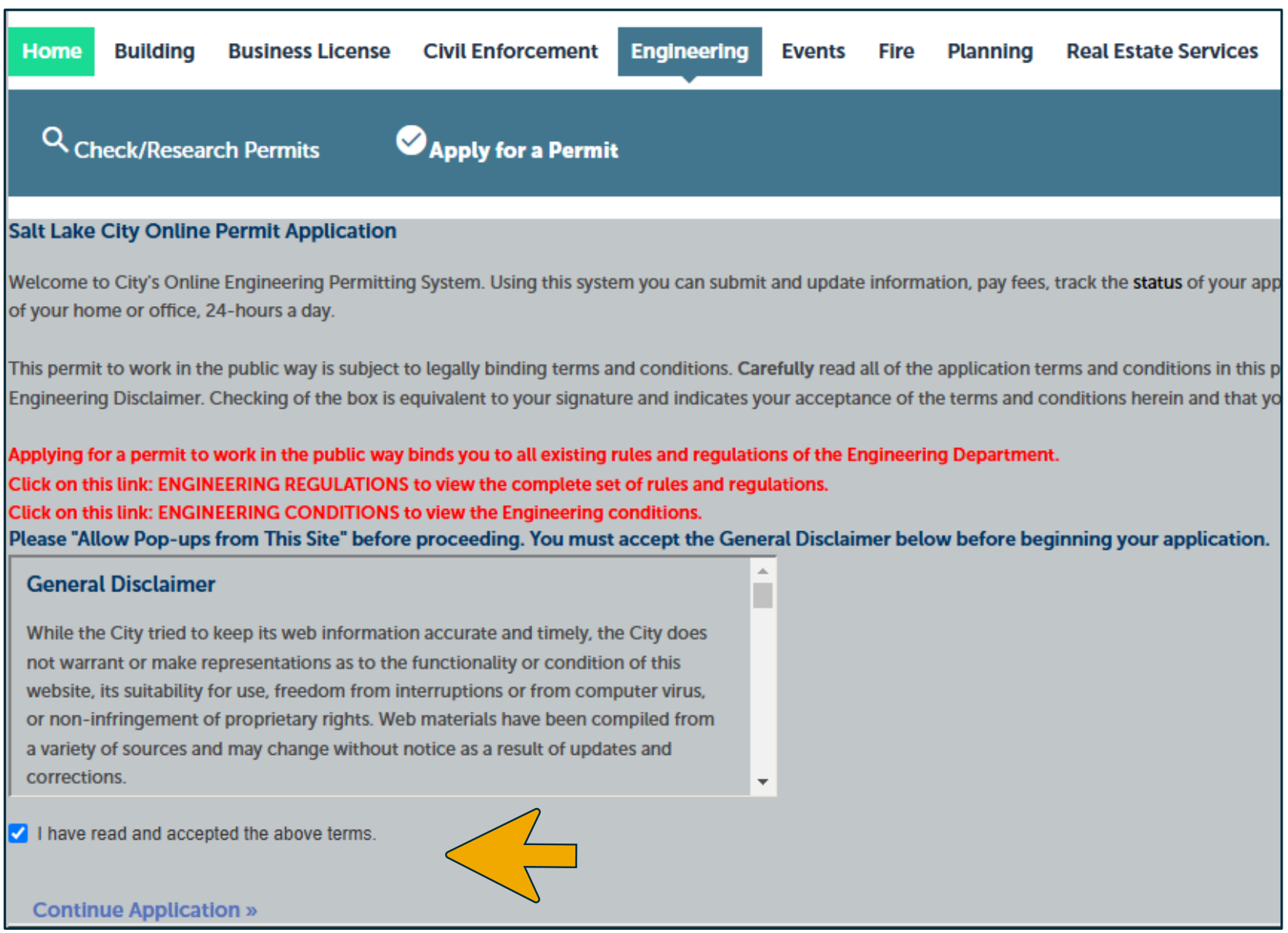 Salt Lake City Online Permit Application - General Disclaimer agreement screen with arrow pointing to checkbox 'I have read and accepted the above terms.'