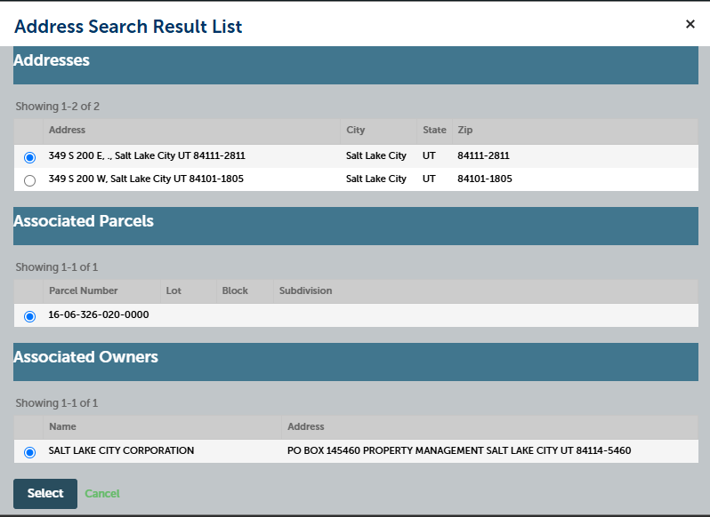 Address Search Result List modal displaying selected address, Associated Parcels, and Associated Owners with a Select button