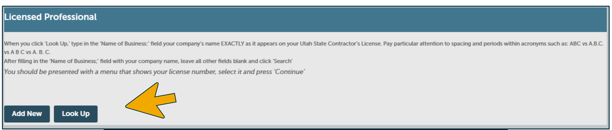 Licensed Professional section with Add New and Look Up controls; a yellow arrow points to Look Up.