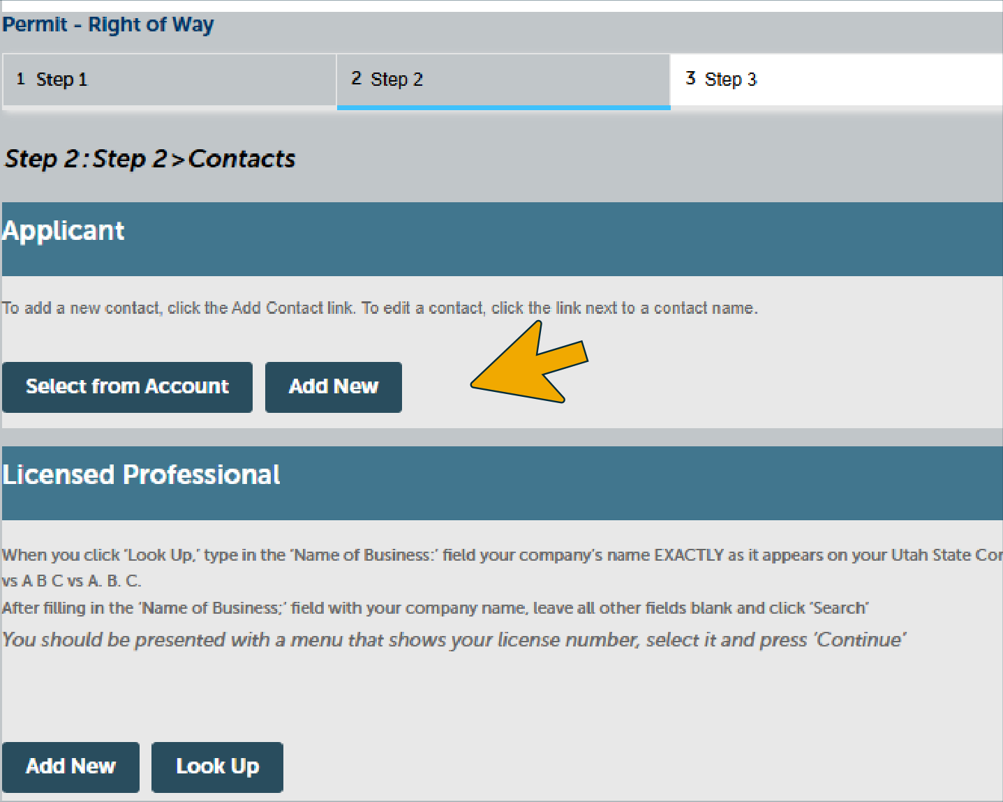 Permit - Right of Way online portal, Step 2 Contacts: in the Applicant section, an orange arrow points to the Add New button.
