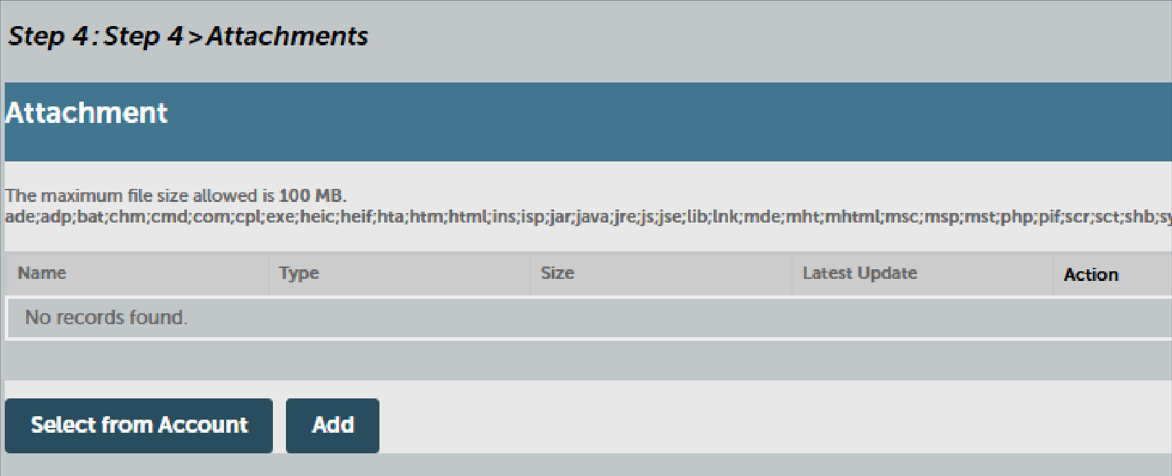 Screenshot of Step 4: Attachments interface showing attachment list table and buttons for 'Select from Account' and 'Add'