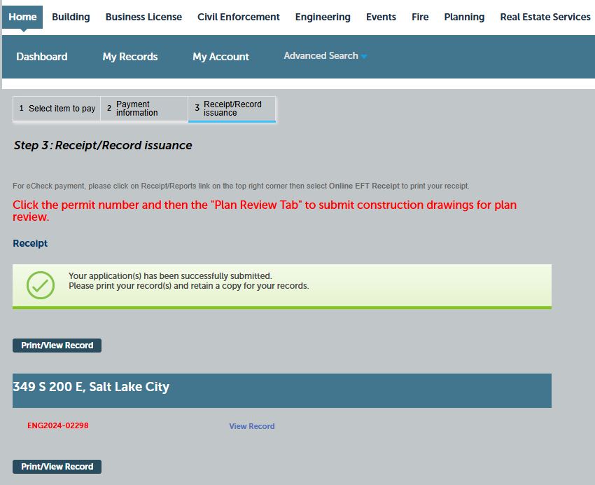Citizen Access portal confirmation page showing Step 3: Receipt/Record issuance with green confirmation banner and permit number ENG2024-02298 in red