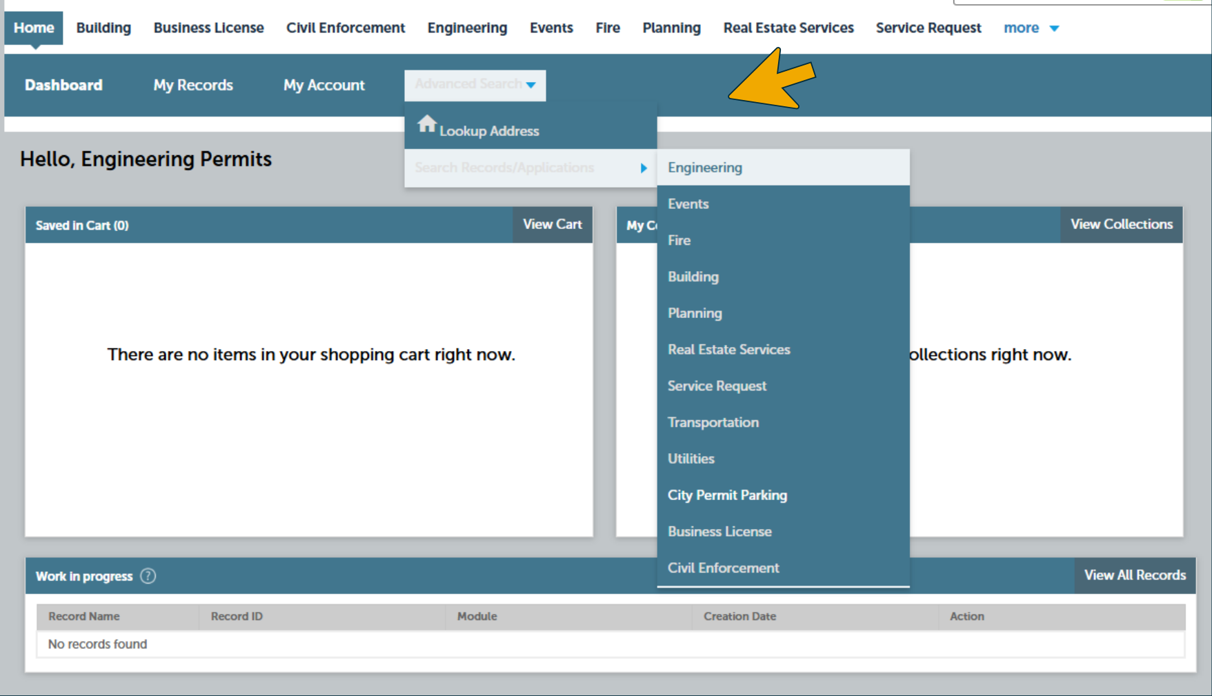 Screenshot of Citizen Access navigation menu highlighting Advanced Search and Engineering option