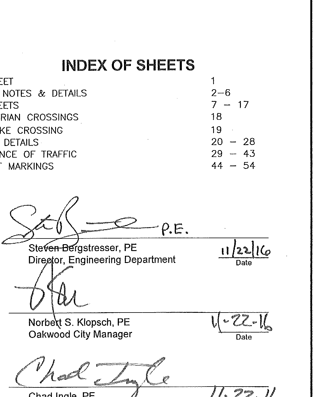 Index of Sheets and Signatures Block for Steven Bergstressor PE, Norbert S. Klopsch PE, and Chad Ingle PE