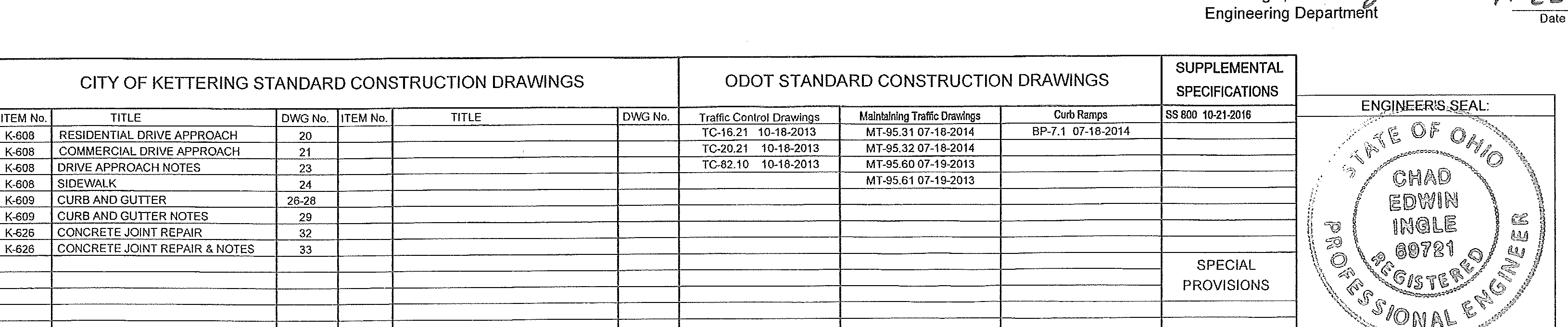 City of Kettering and ODOT Standard Construction Drawings tables, Supplemental Specifications, and State of Ohio Professional Engineer Seal for Chad Edwin Ingle