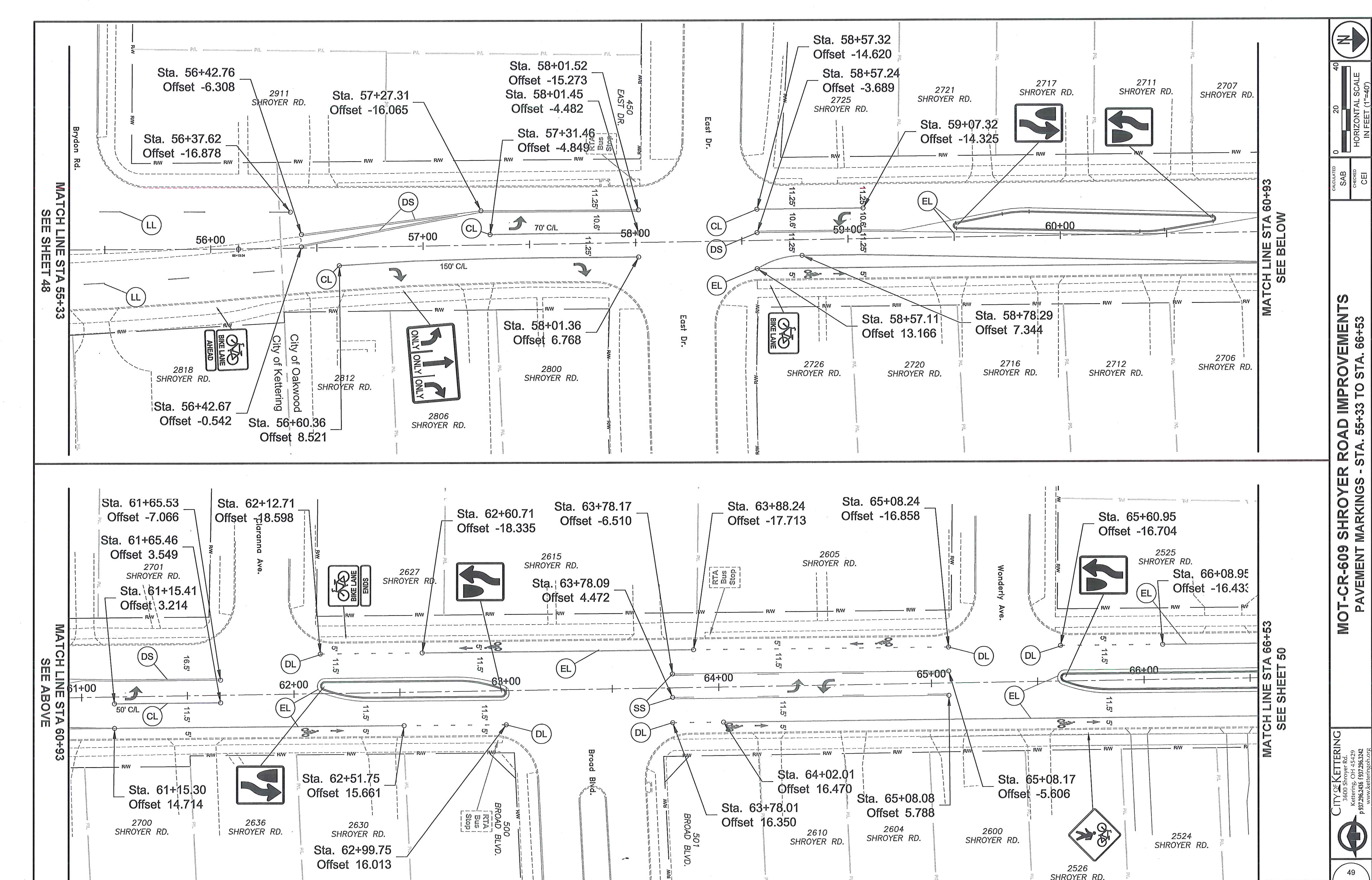 Civil Engineering Plan Sheet for MOT-CR-609 Shroyer Road Improvements showing pavement markings from Station 55+33 to Station 66+53, including lane layouts, callouts, right-of-way lines, intersection details, and City of Kettering engineering title block.