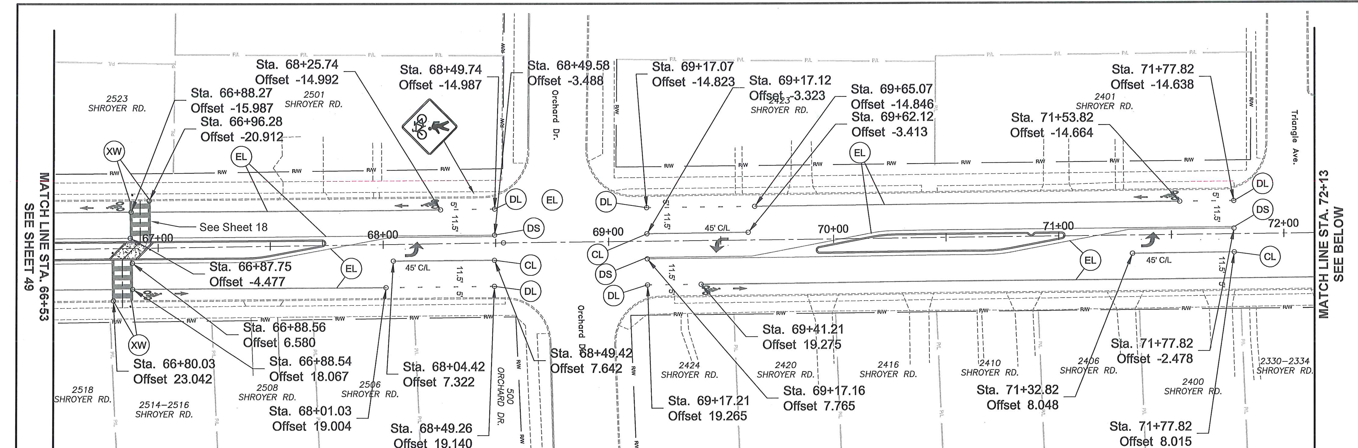Engineering plan view for Shroyer Road pavement markings from Station 66+53 to Station 72+13 showing lane offsets, crosswalks, bike lanes, and station callouts.
