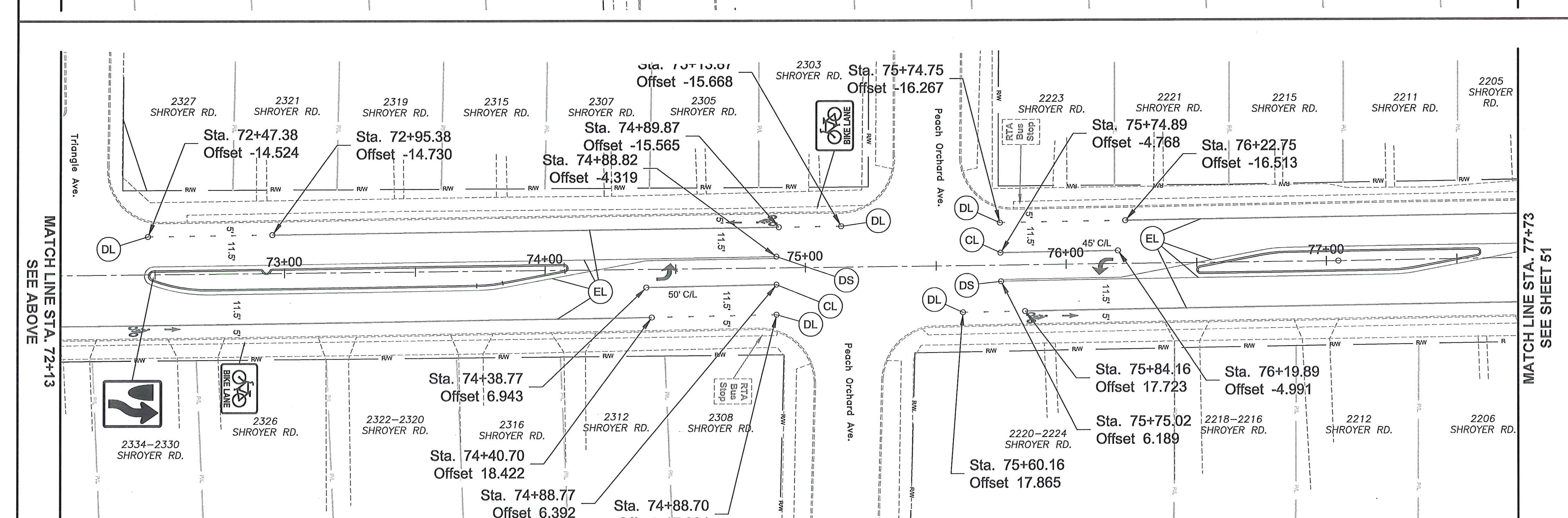 Engineering plan view for Shroyer Road pavement markings from Station 72+13 to Station 77+73 showing bus stops, turn lane transitions, bike lane symbols, and station callouts.
