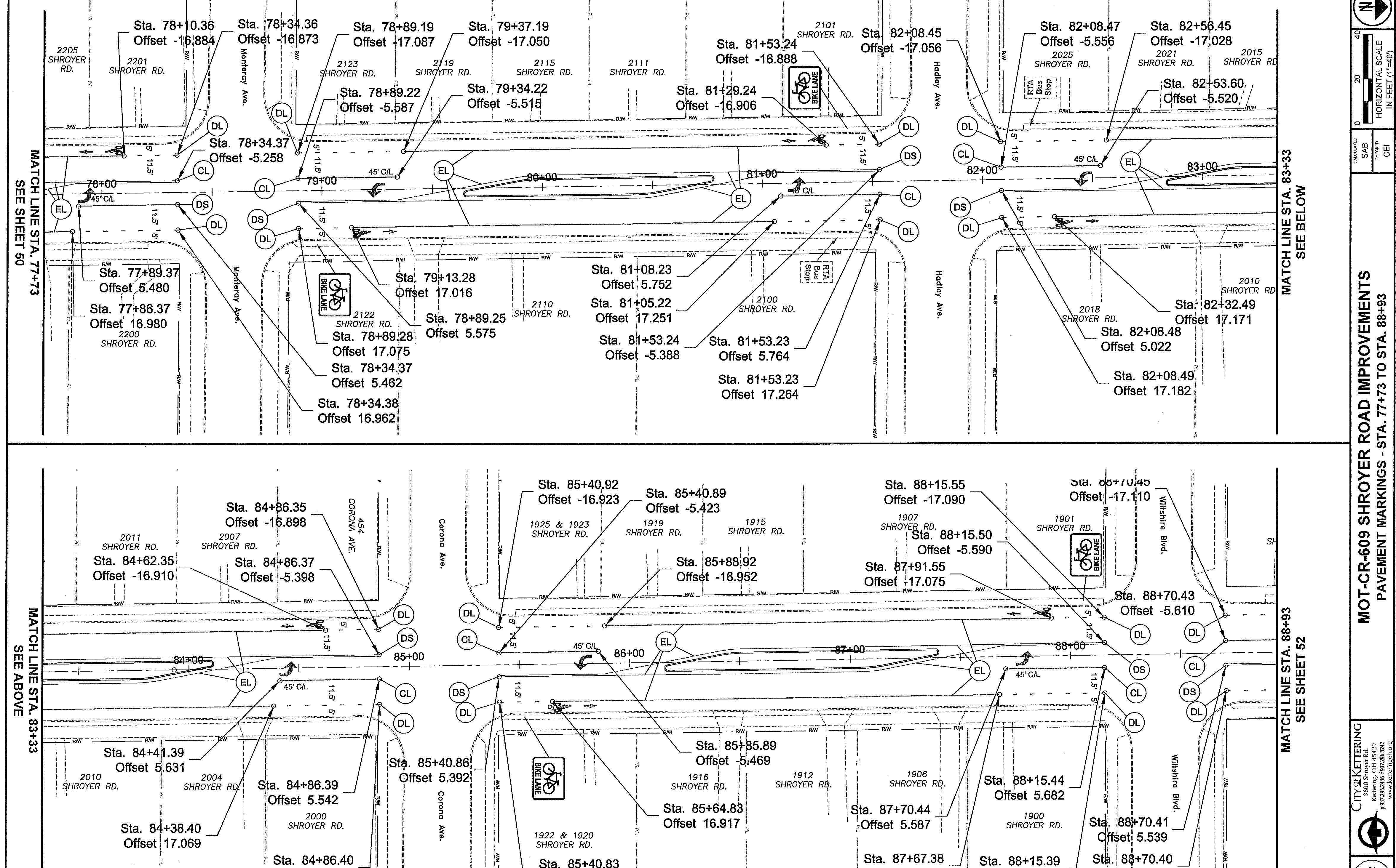 Engineering Plan Sheet for MOT-CR-609 Shroyer Road Improvements showing pavement markings, station callouts, offsets, bike lane designations, and street intersections from Sta. 77+73 to Sta. 88+93.