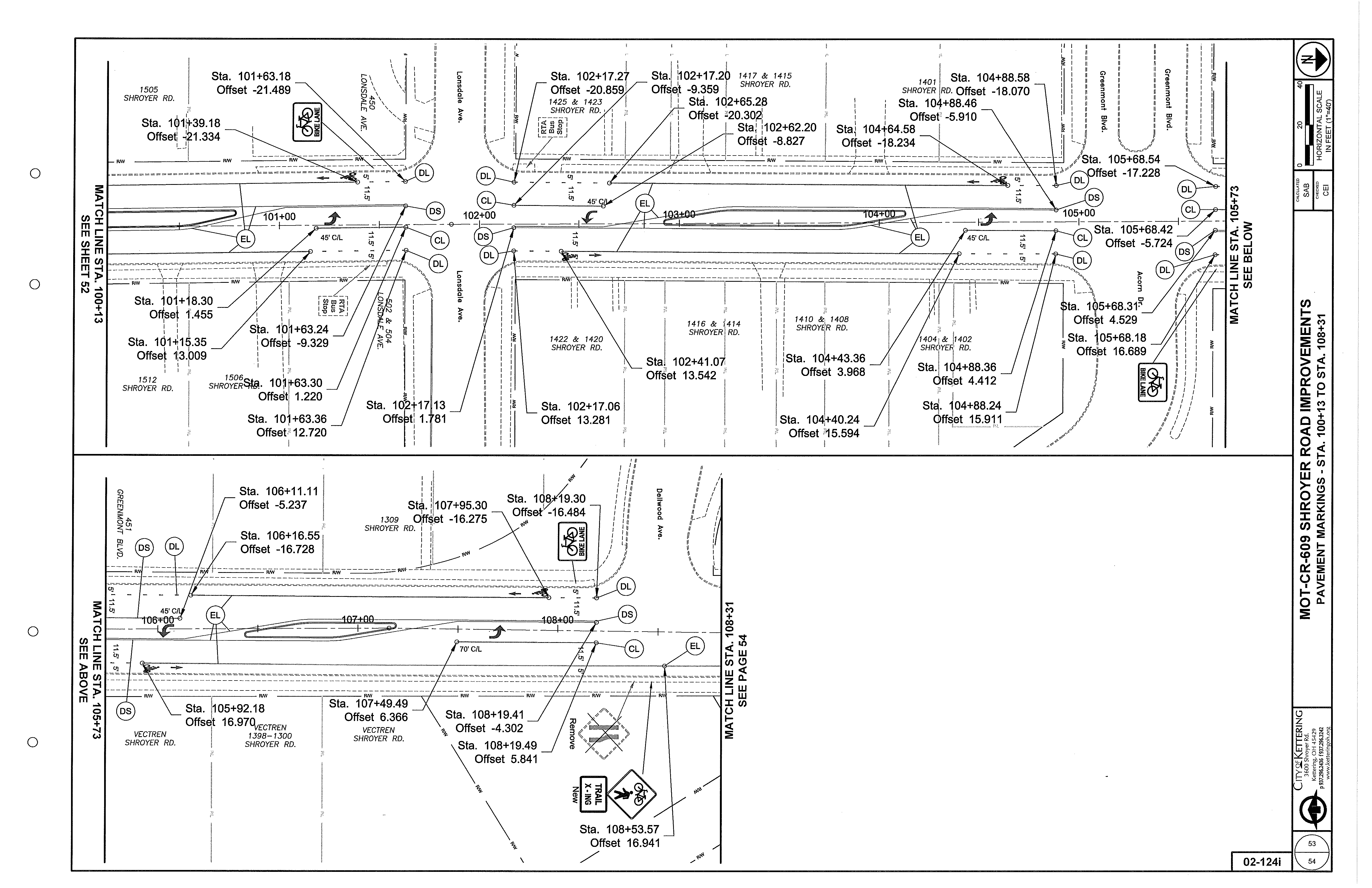 Pavement-marking engineering plan drawing for Sta. 100+13 to Sta. 105+73, including roadway lines, station callouts, dimensions, symbols, and labels.