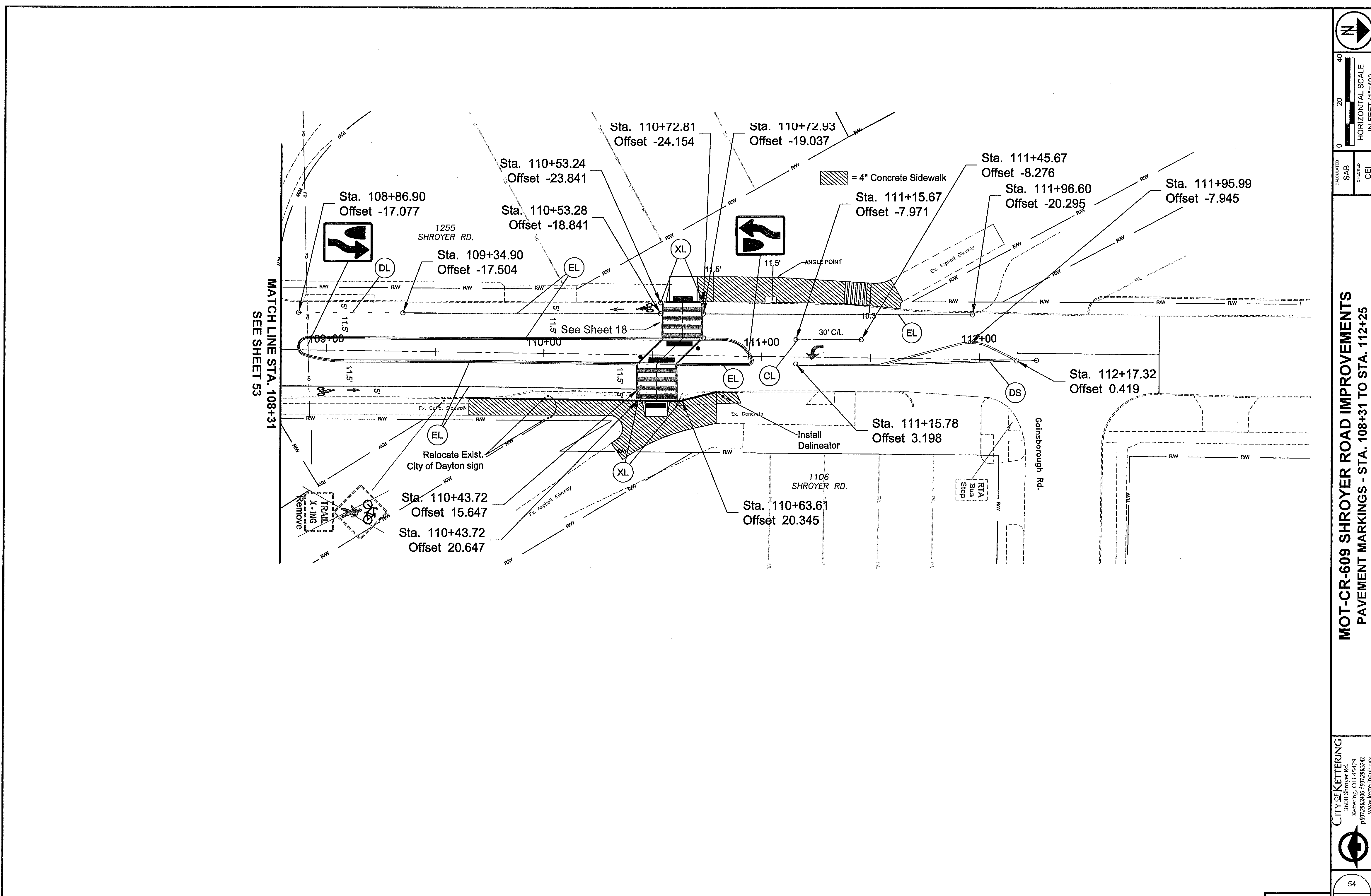 MOT-CR-609 Shroyer Road Improvements Engineering Drawing showing pavement markings, station offsets from Sta. 108+31 to Sta. 112+25, sidewalk details, and title block.