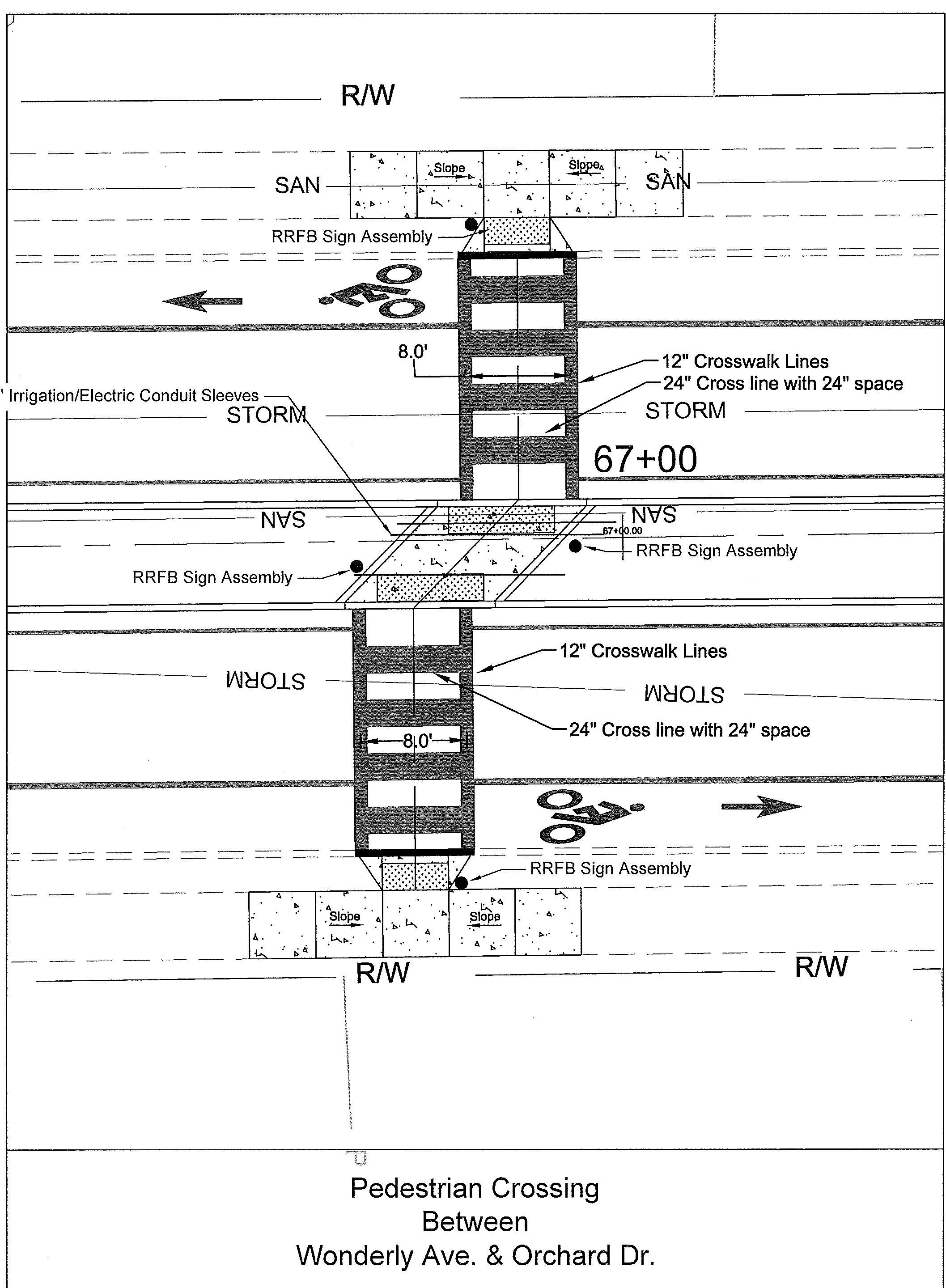Engineering plan view for Pedestrian Crossing Between Wonderly Ave. and Orchard Dr. showing RRFB Sign Assembly, crosswalk markings, conduit sleeves, storm lines, and right-of-way limits.