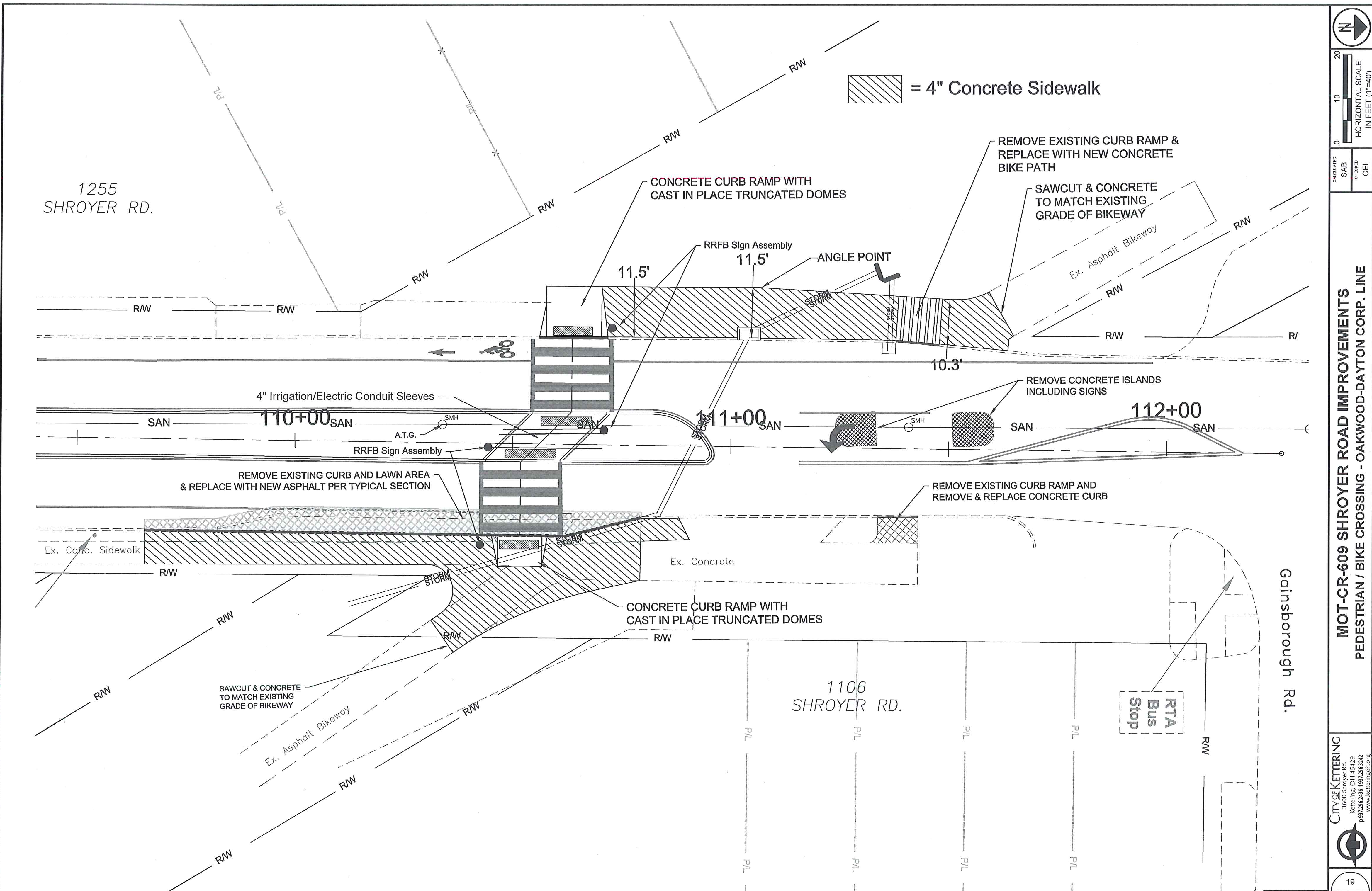 MOT-CR-609 Shroyer Road Improvements Engineering Plan - Pedestrian and Bike Crossing details at Oakwood-Dayton Corp. Line showing stationing 110+00 to 112+00