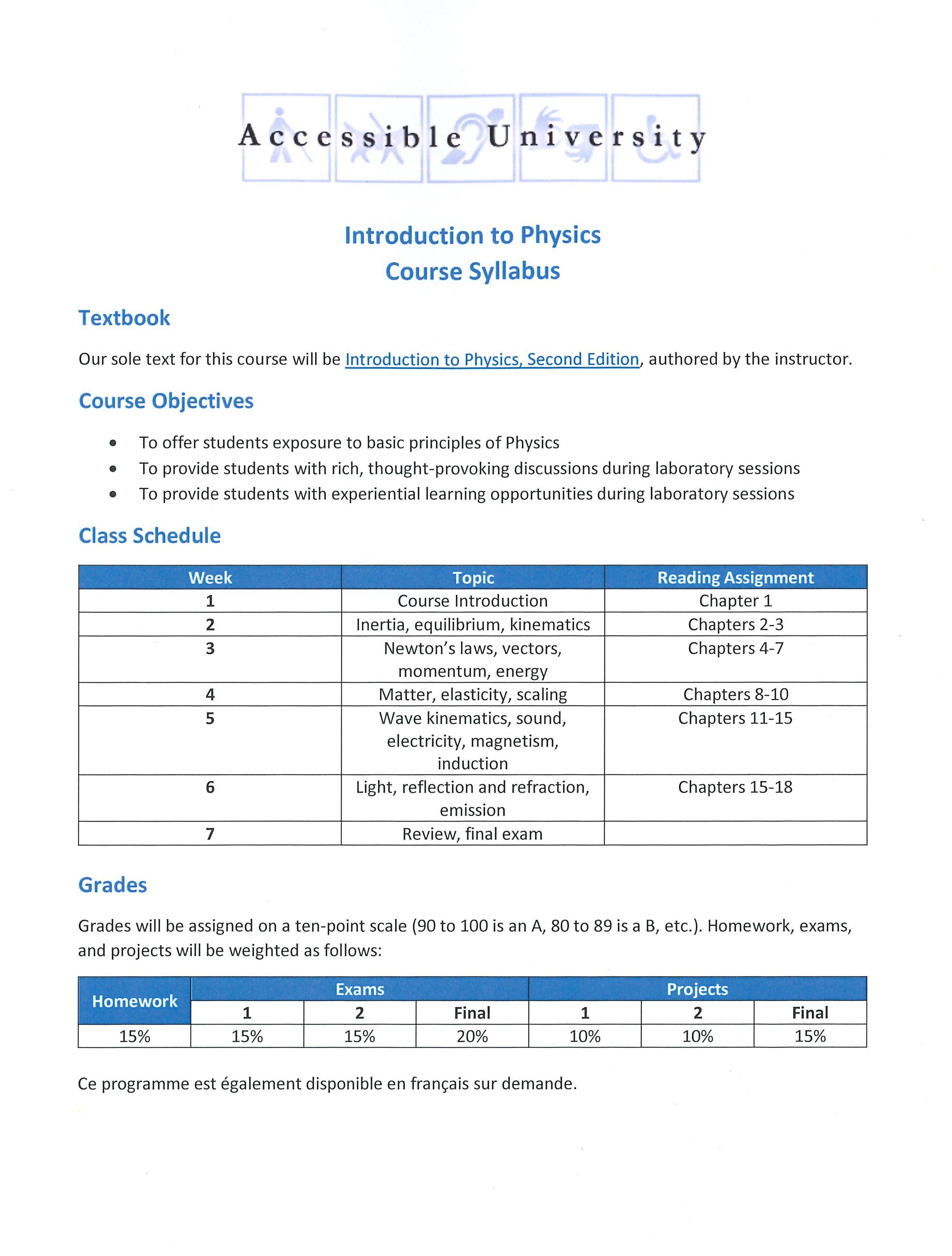 Full course syllabus from Accessible University, including course title 'Introduction to Physics', textbook reference, list of course objectives, a detailed class schedule table spanning 7 weeks, and a grades section specifying weightings for homework, exams (1, 2, Final), and projects (1, 2, Final).