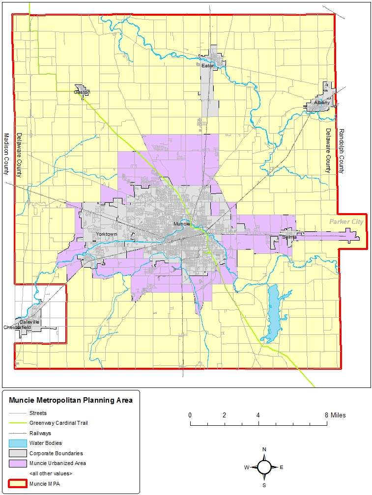 Muncie Metropolitan Planning Area map showing streets, trails, railways, water bodies, corporate boundaries, and urbanized areas.