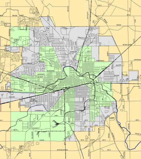 Map of 2010 Census Low-Income Areas in Delaware County and Muncie