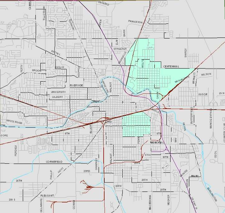 Map of Muncie, Indiana showing 2010 Census Minority Areas highlighted in light green, located in the northeast (Whiteley) and south of downtown (Industry).