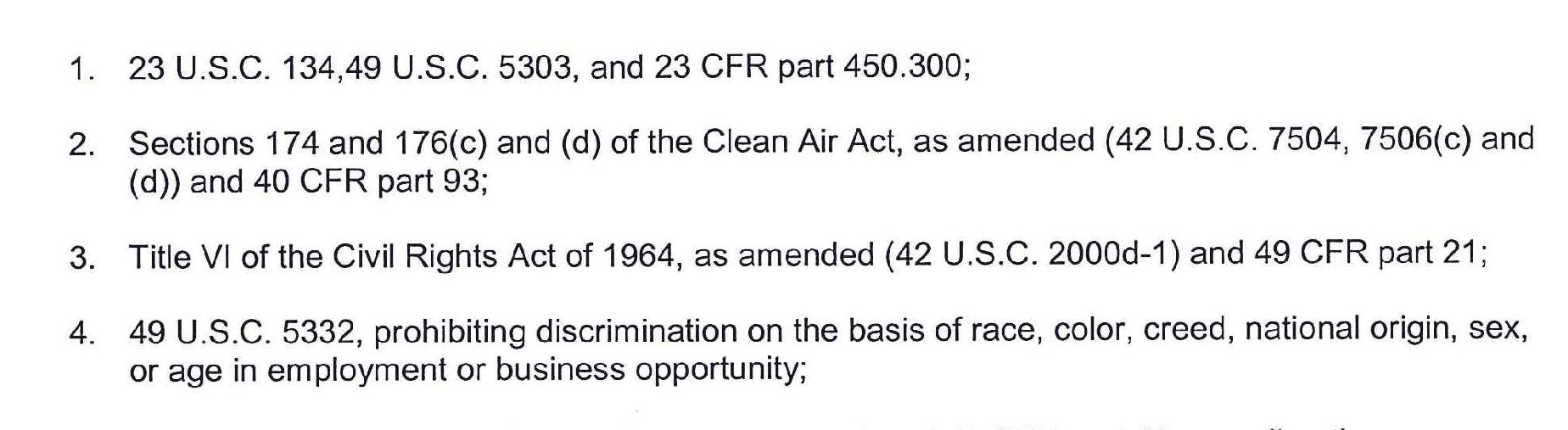Regulatory compliance items 1-4 including 23 U.S.C. 134, Clean Air Act, Civil Rights Act, and anti-discrimination provisions.
