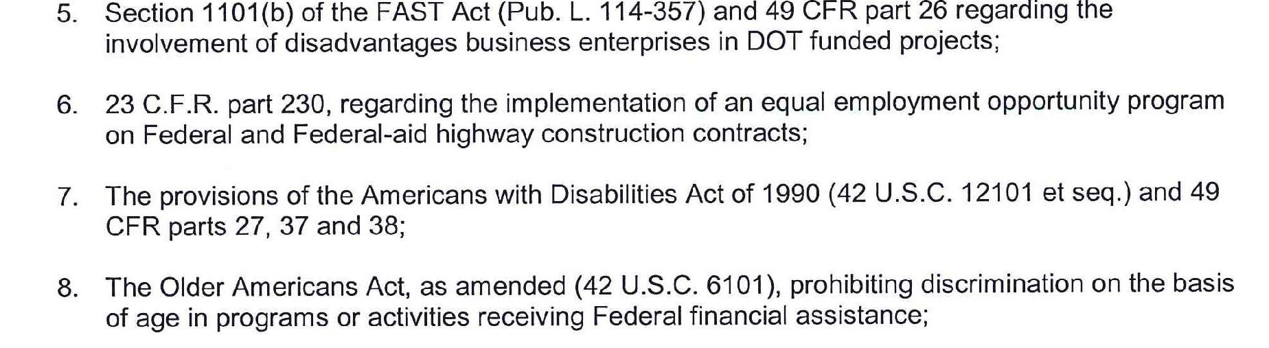 Regulatory compliance items 5-8 including disadvantaged business enterprises, equal employment, ADA, and Older Americans Act.