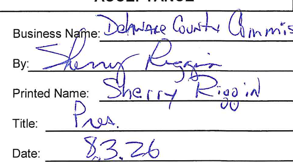 Handwritten acceptance fields for Delaware County Commissioners, signed by Sherry Riggin; dated 8.3.26