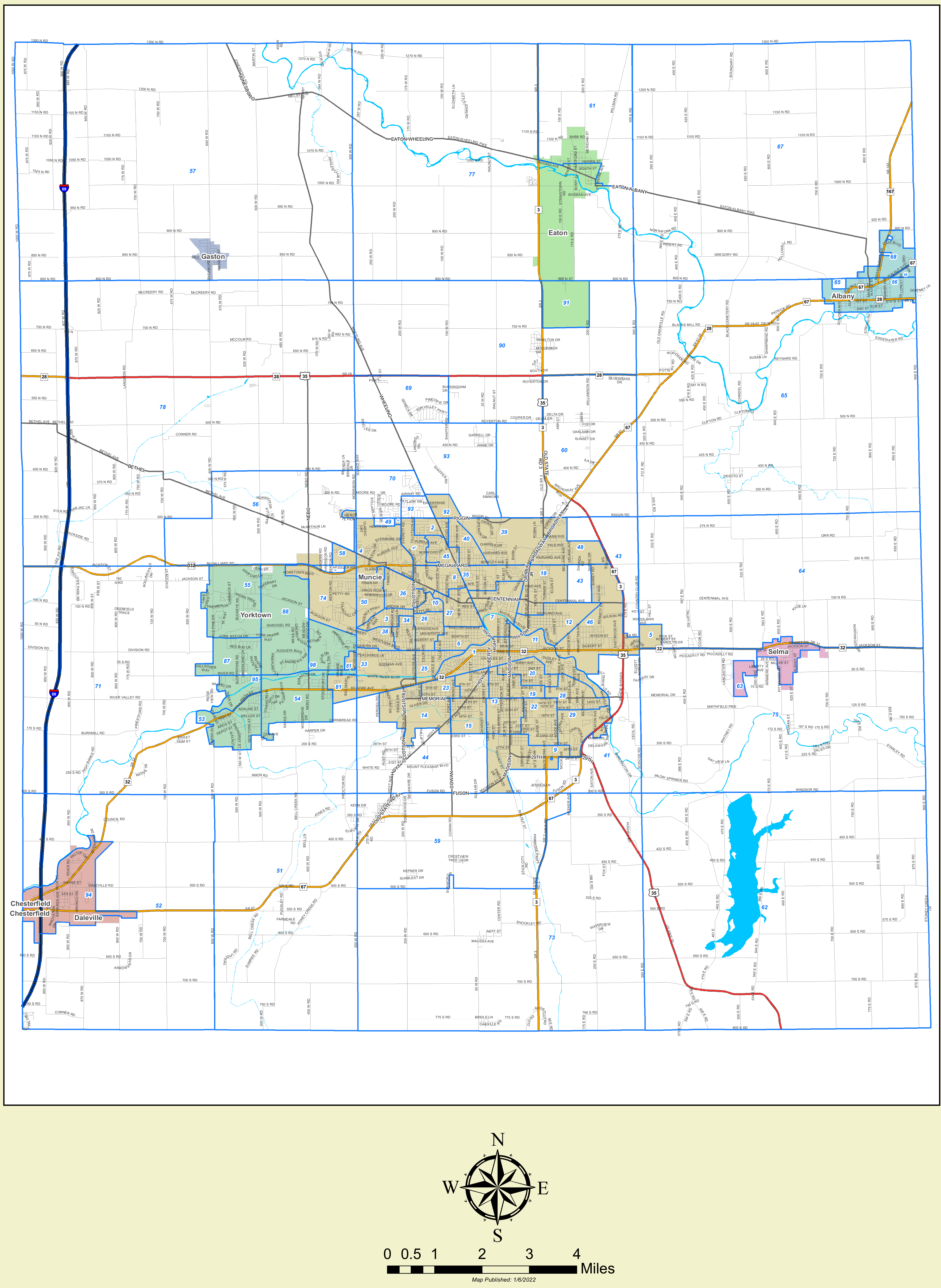 Official voting precinct map of Delaware County, Indiana, detailing numbered election precincts, municipalities including Muncie, Yorktown, Daleville, Chesterfield, Gaston, Eaton, Albany, and Selma, along with key roadways, waterways, compass rose, scale bar in miles, and publication date of January 6, 2022.