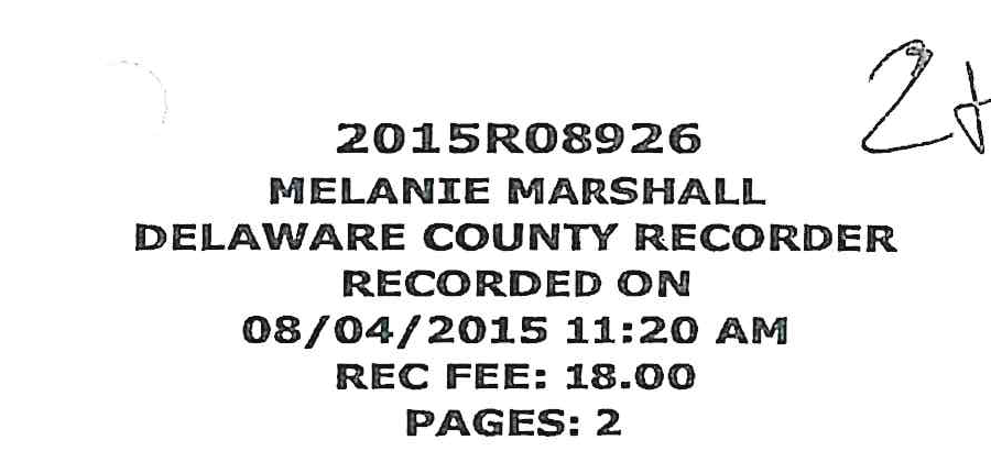 Delaware County Recorder stamp: 2015R08926 Recorded 08/04/2015 11:20 AM Fee: 18.00 Pages: 2
