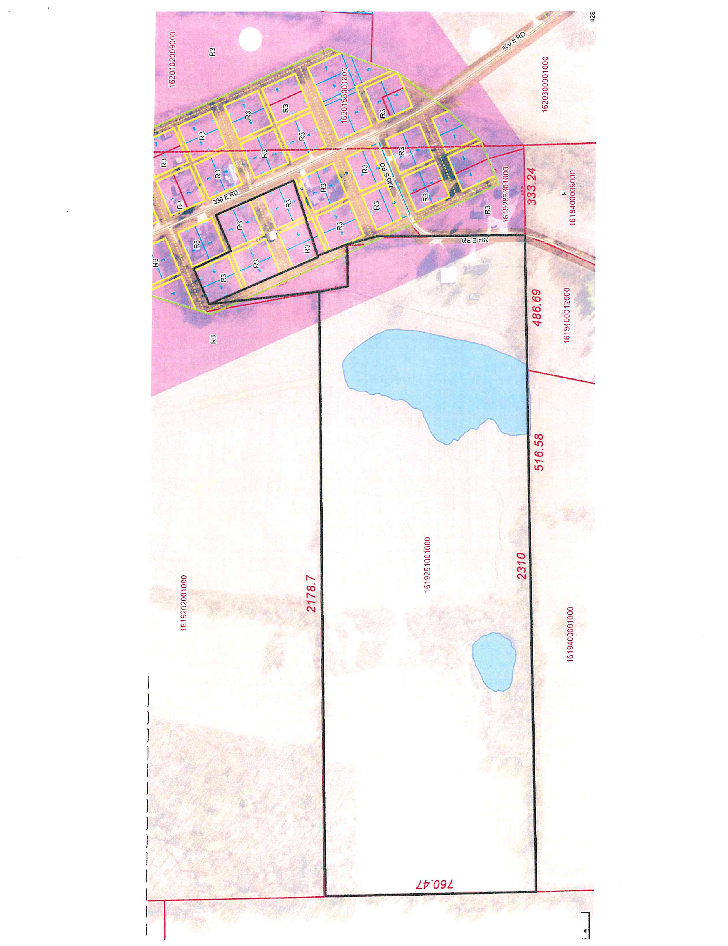 Detailed GIS plat map showing parcel boundary lines, residential R3 zoning districts, street alignments, water features, and lot dimension callouts.