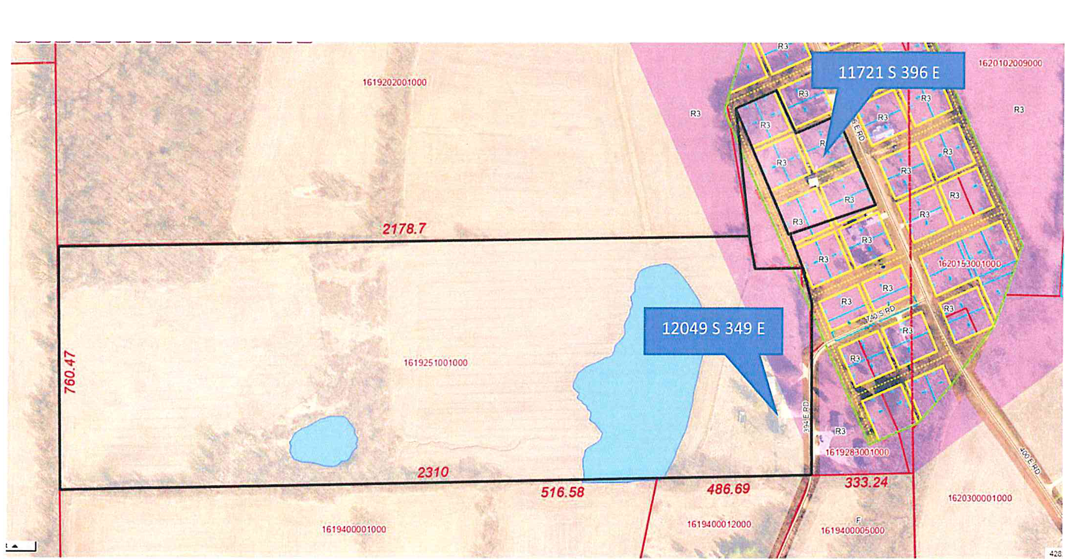 Zoning and parcel map for MPC 01-26Z showing parcels 12049 S CR 349 E and 11721 S CR 396 E