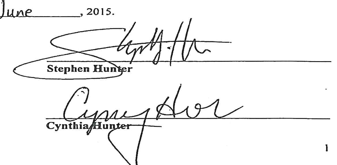 Signatures of Stephen Hunter and Cynthia Hunter