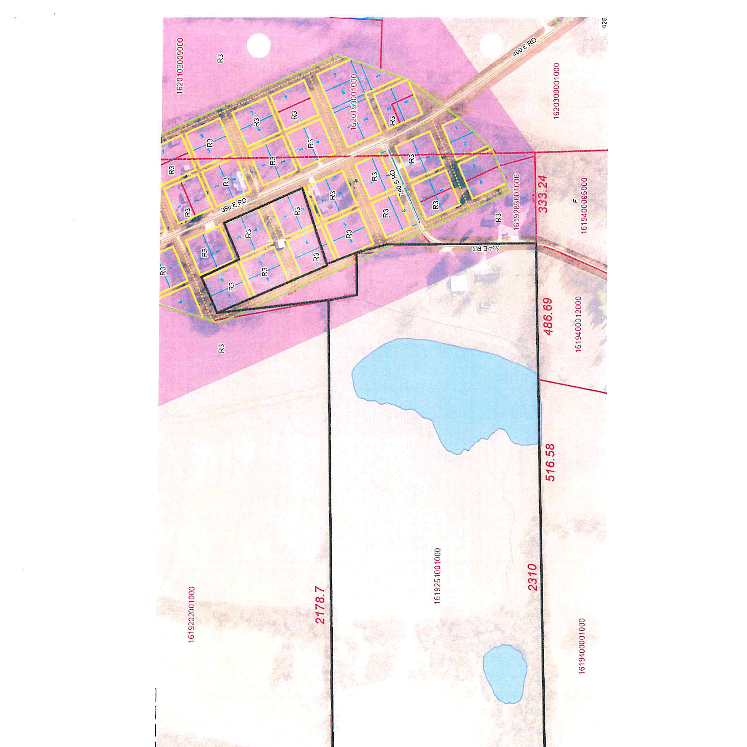 Plat and Zoning Survey Map showing parcel boundaries, zoning classifications, lot dimensions, and road networks.