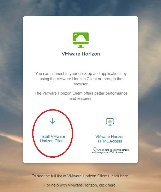 VMware Horizon Download Screen