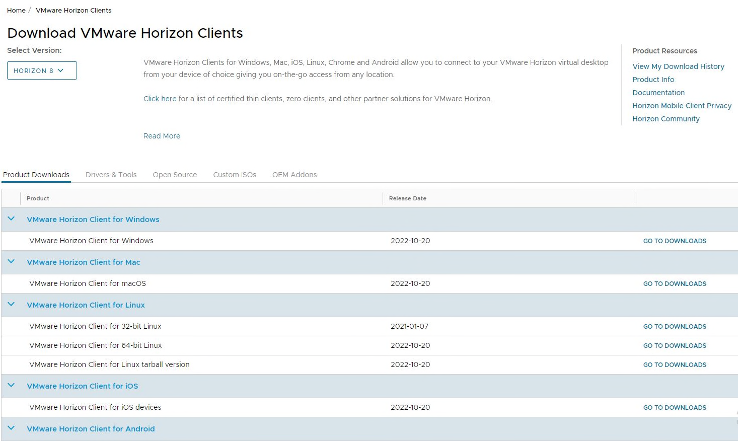 Download VMware Horizon Clients page listing available operating systems and download options
