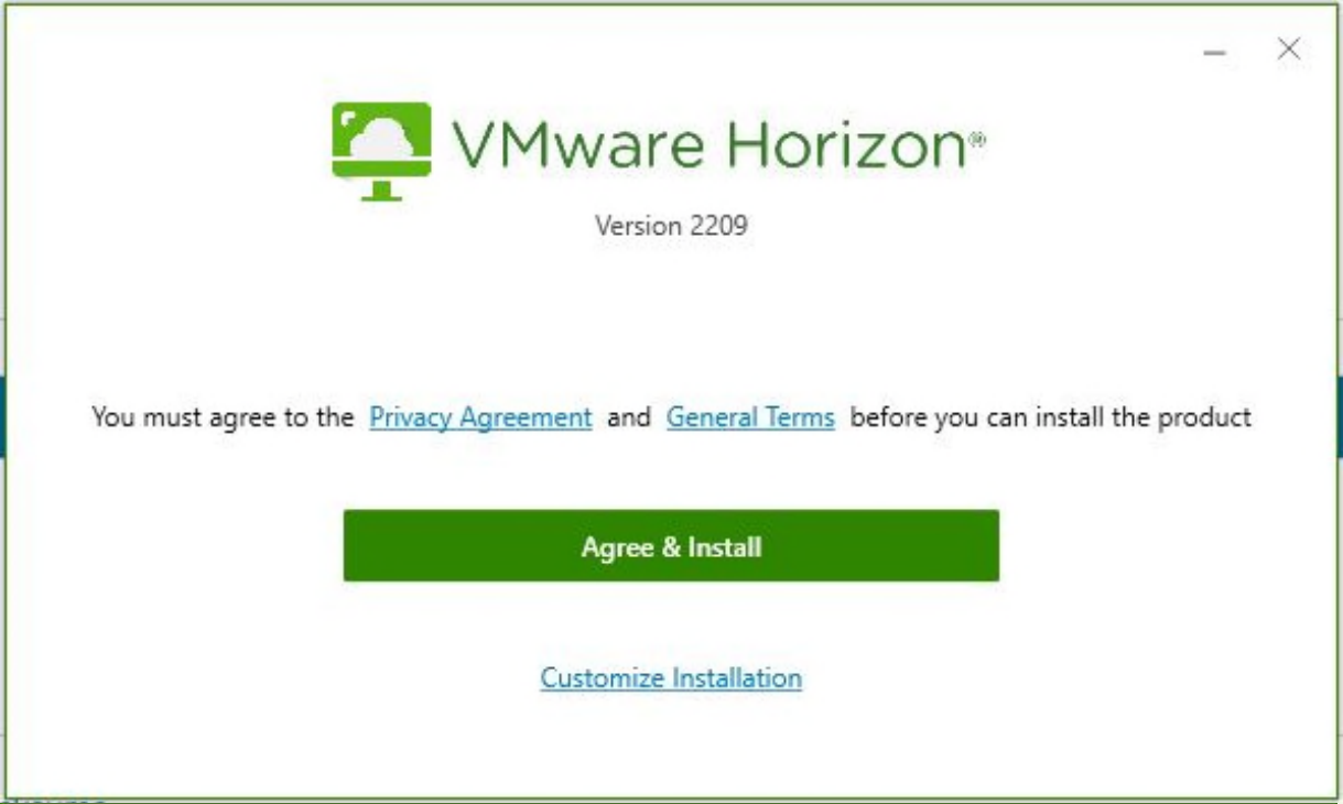 VMware Horizon Installer dialog showing Agree and Install button