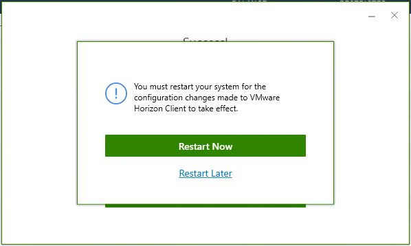 VMware Horizon Installer prompt asking to restart system with Restart Now button