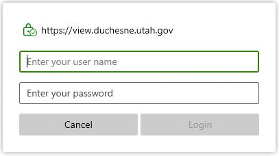 Login prompt screen for https://view.duchesne.utah.gov requesting username and password