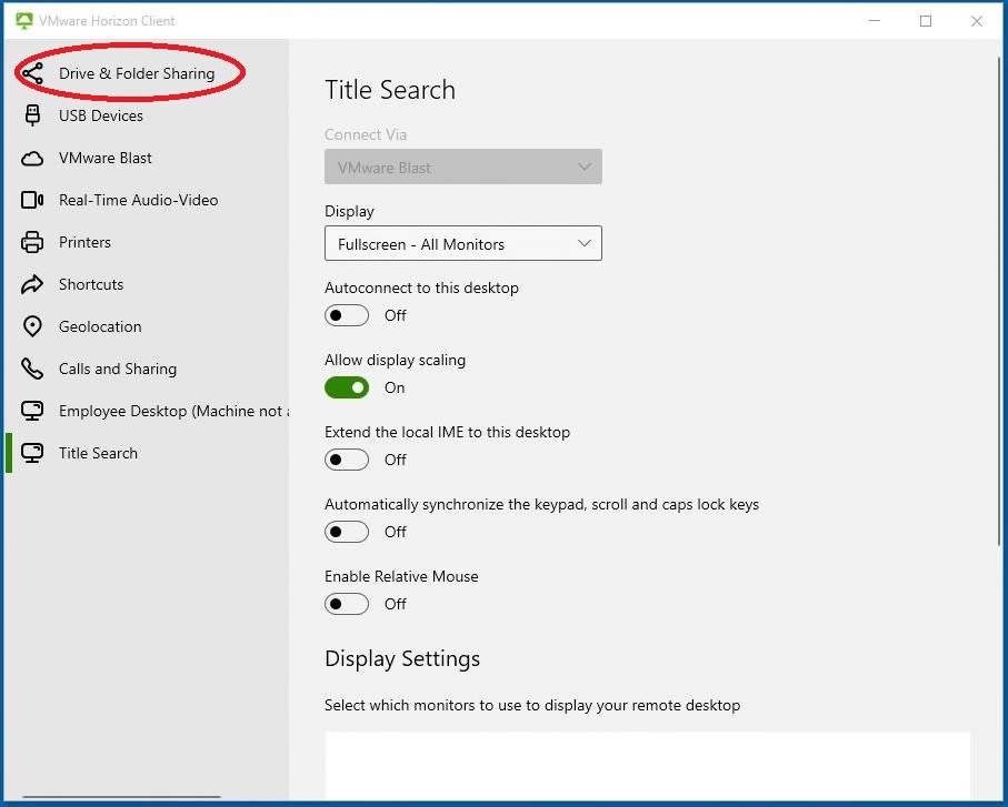 VMware Horizon Client settings screen with Drive and Folder Sharing highlighted in red