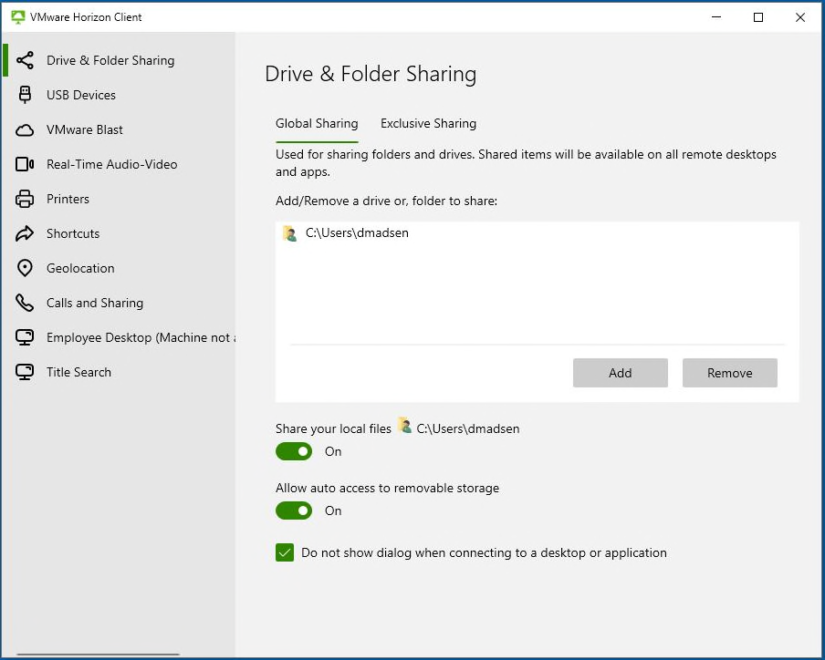 VMware Horizon Client Drive and Folder Sharing configuration options