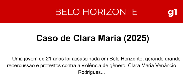 Notícia g1 Belo Horizonte: Caso de Clara Maria (2025)