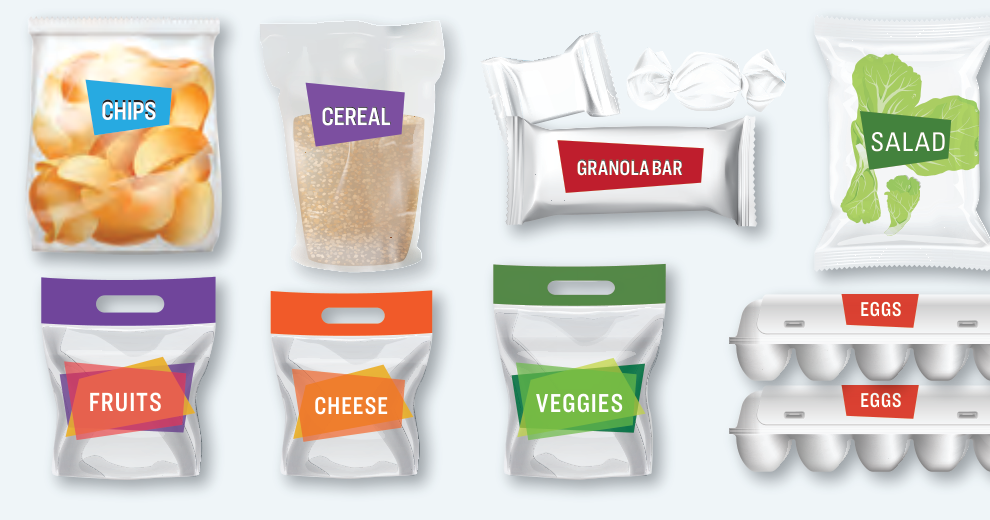 Examples of kitchen pantry plastic items: chip bags, cereal liners, granola bar wrappers, salad bags, fruit bags, cheese bags, veggie bags, and foam egg cartons