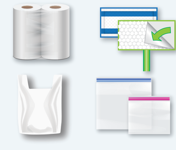 Examples of storage and cleaning items: plastic wraps on paper towels, cleaning cloths, grocery bags, and food storage zip bags