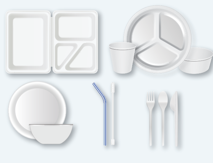 Examples of dining and eating items: foam to-go containers, cups, plates, bowls, plastic straws, and utensils
