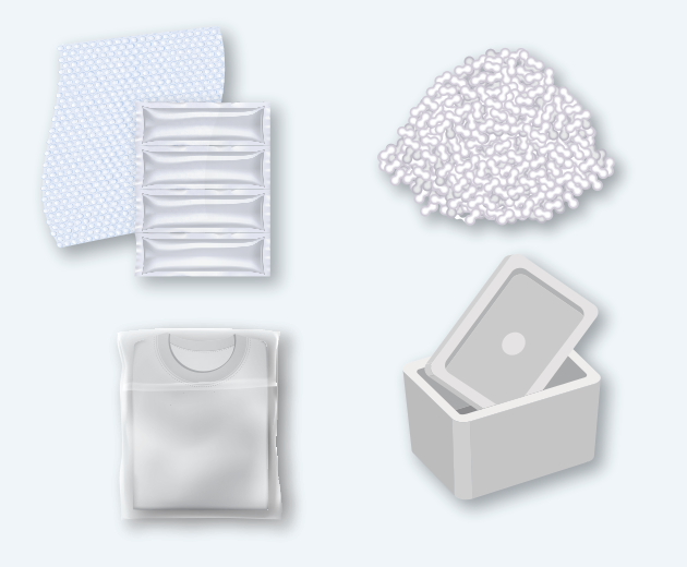Examples of office and shipping items: bubble wrap, pillow packs, foam packing peanuts, foam block packaging, and clear overwrap