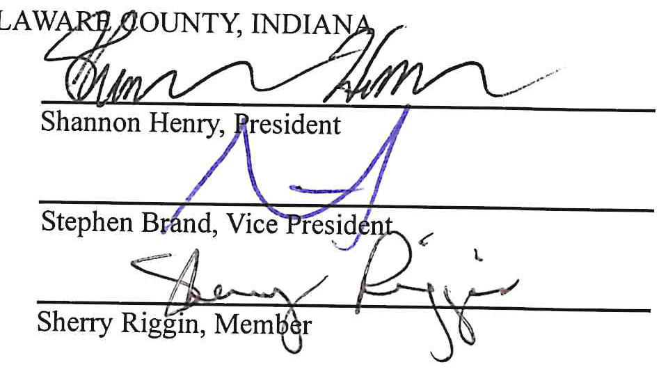 Signatures of Commissioners: Shannon Henry (President), Stephen Brand (Vice President), and Sherry Riggin (Member)