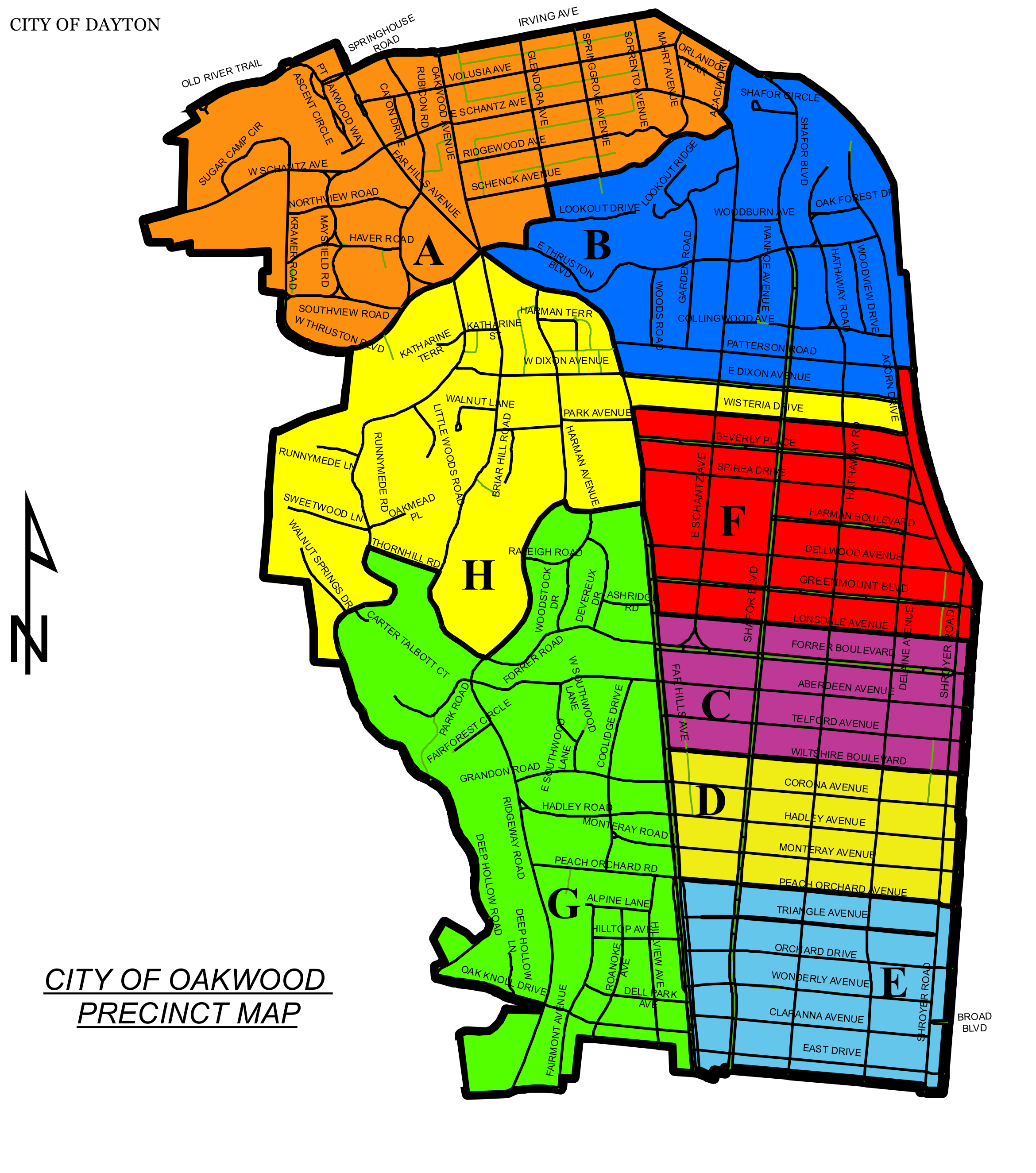 City of Oakwood Voting Precinct Map showing precincts A through H color-coded with street names and municipal boundaries
