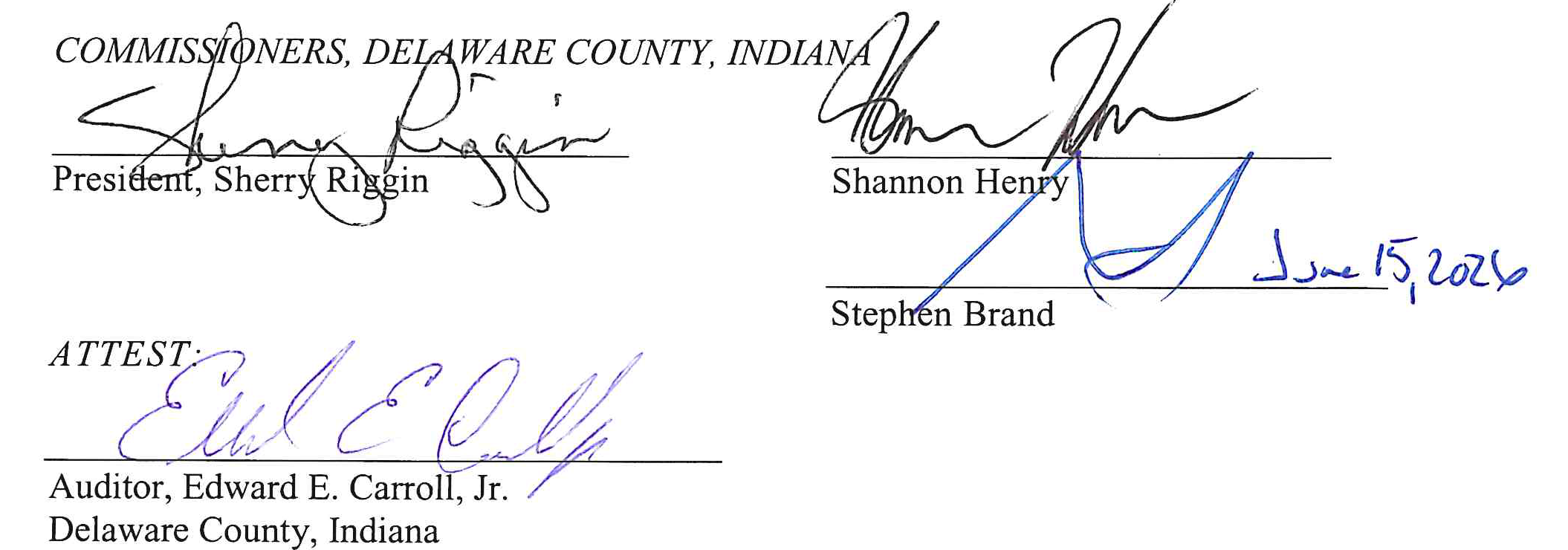 Signatures of Delaware County Commissioners and Auditor