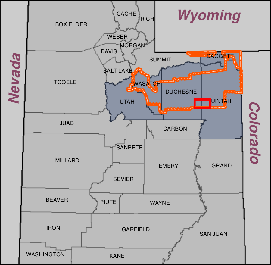 Utah County Study Locator Map highlighting Duchesne and Uintah Counties