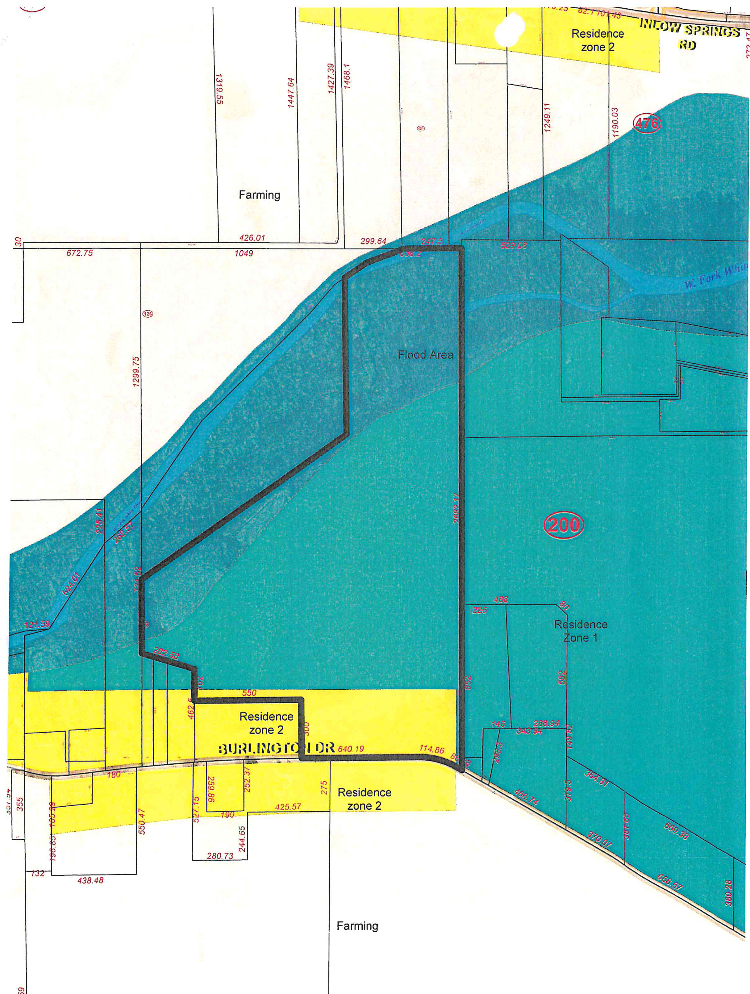 Cadastral plat map showing parcel dimensions, flood area boundary, and zoning districts including Farming, Residence Zone 1, and Residence Zone 2 along Burlington Drive and Inlow Springs Road.