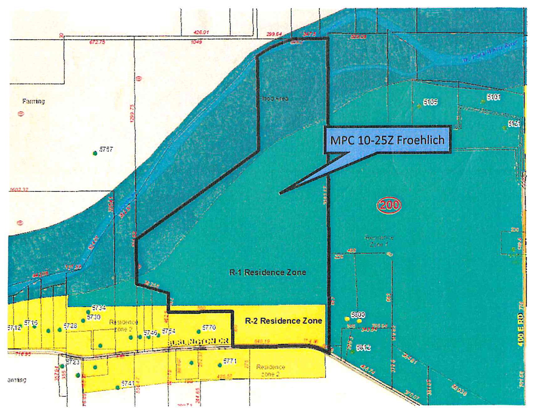 Zoning map for MPC 10-25Z Monte Froehlich, with the called-out parcel in the R-1 Residence Zone north of the yellow R-2 Residence Zone along Burlington Dr.; map labels include 5770 and 5800